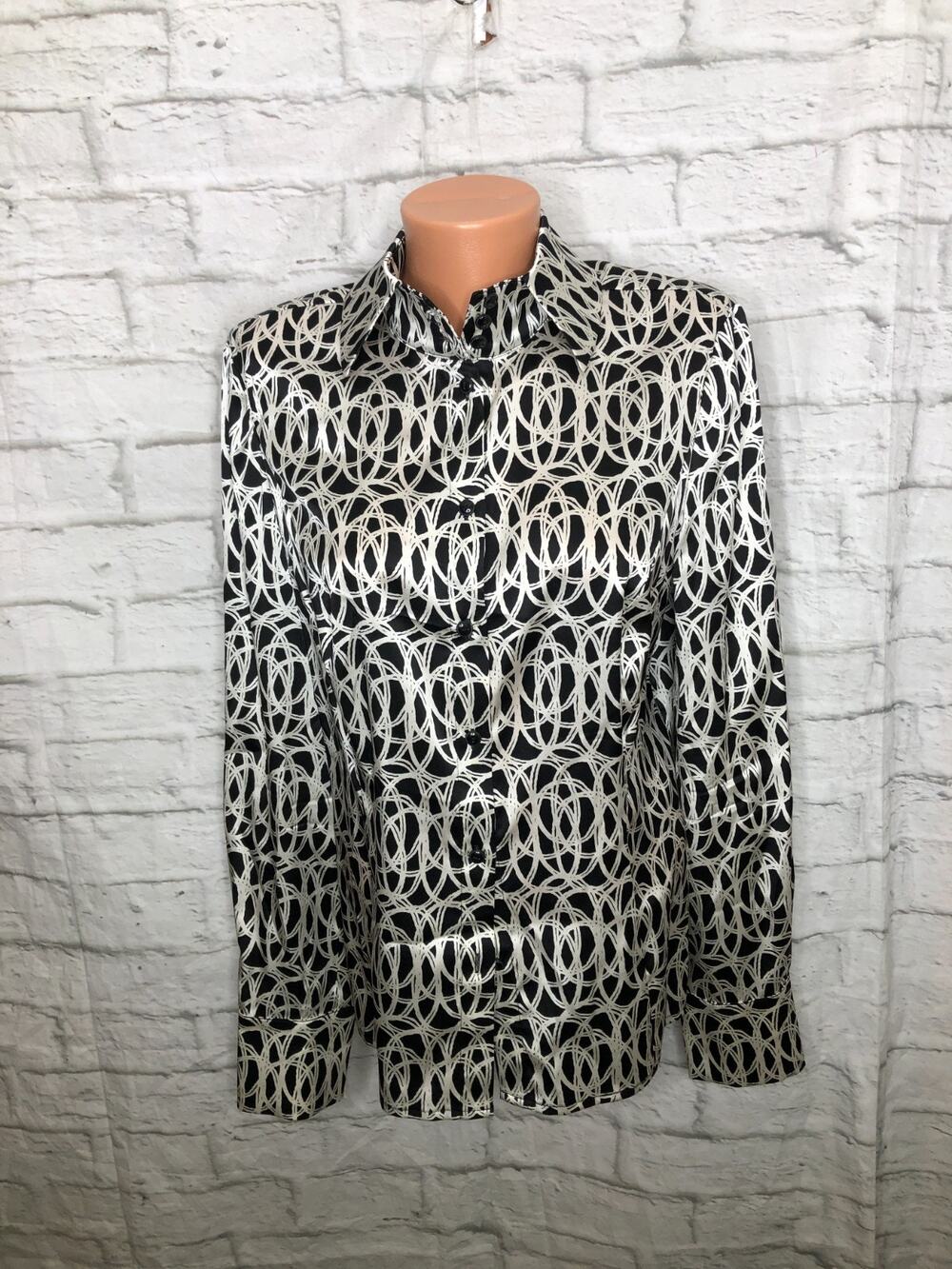 Carlisle Black & White Geometric Ovals Pattern Stretch Silk Blouse Size 10